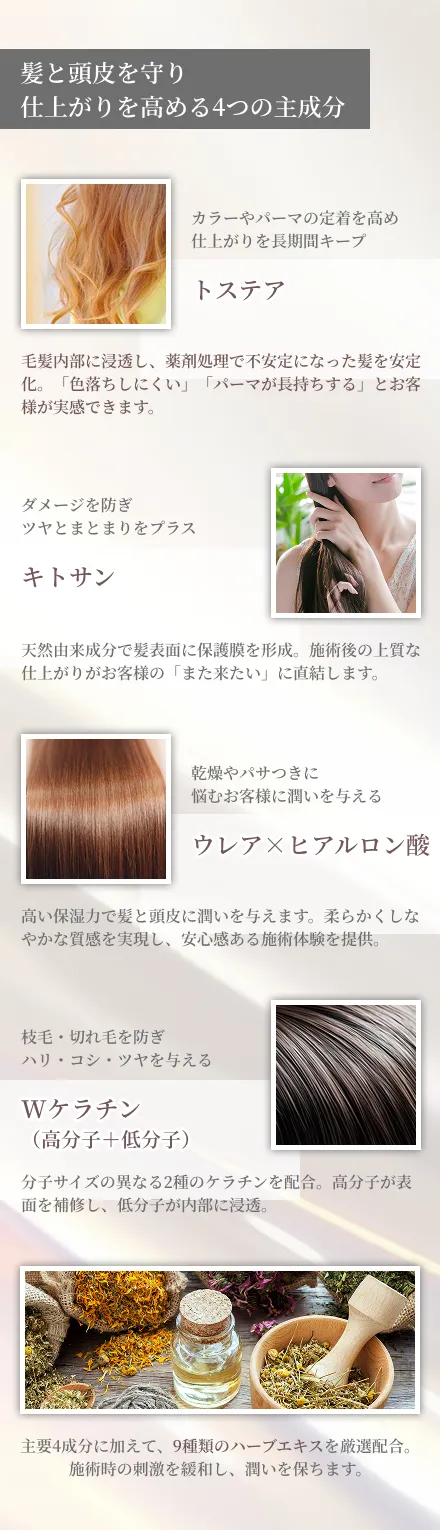 髪と頭皮を守り仕上がりを高める4つの主成分